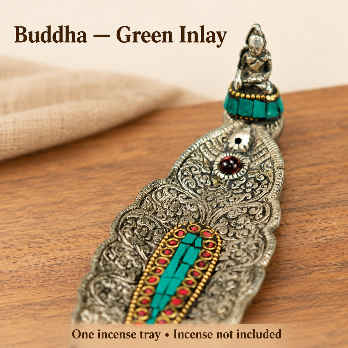 Decorative Alloy Incense Trays — Elephant, Buddha & Ganesha, Red or Green Inlay — variant-06