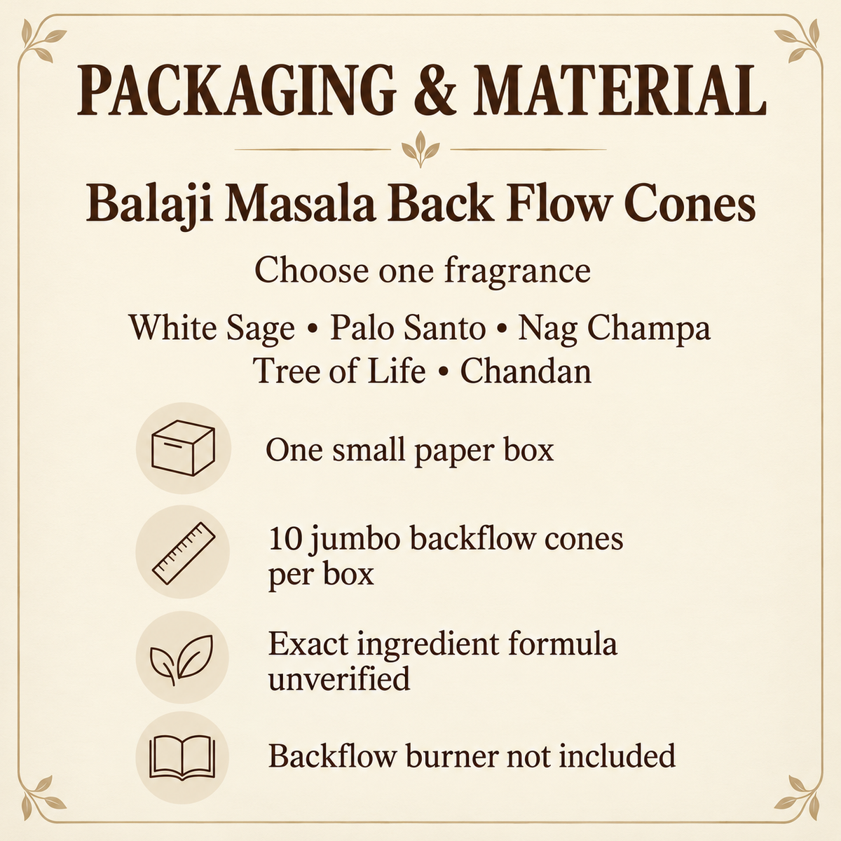 Balaji Masala Backflow Cones — Five Fragrances, 10 per Box — pack