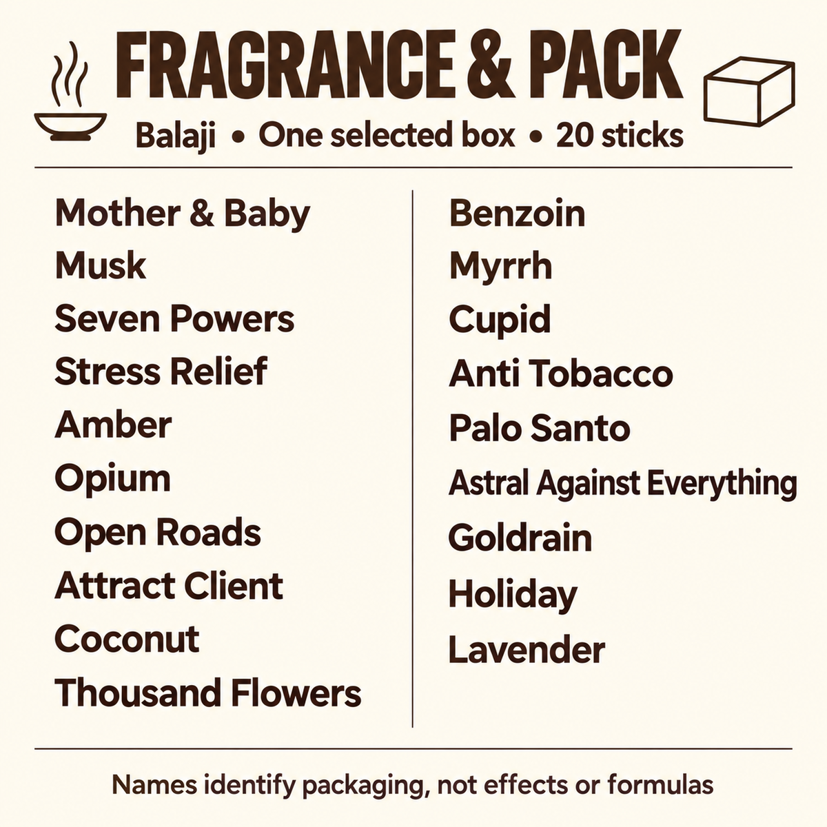 Balaji Boxed Incense Sticks — Selected Fragrances, 20-Stick Packs — pack