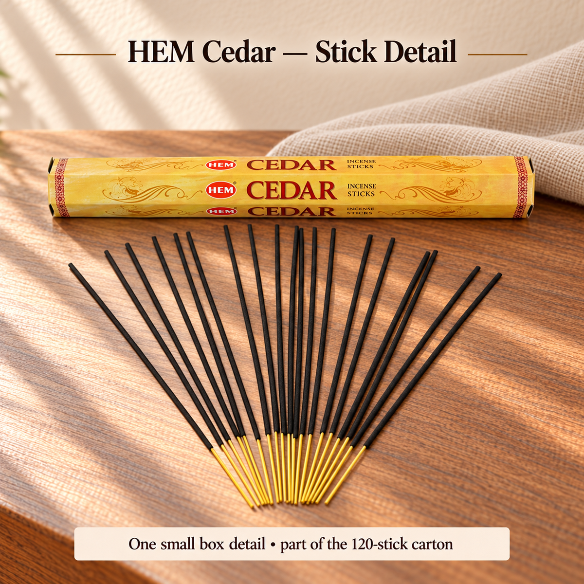 TB638221290504 | HEM Cedar — Stick Detail | One small box detail • part of the 120-stick carton