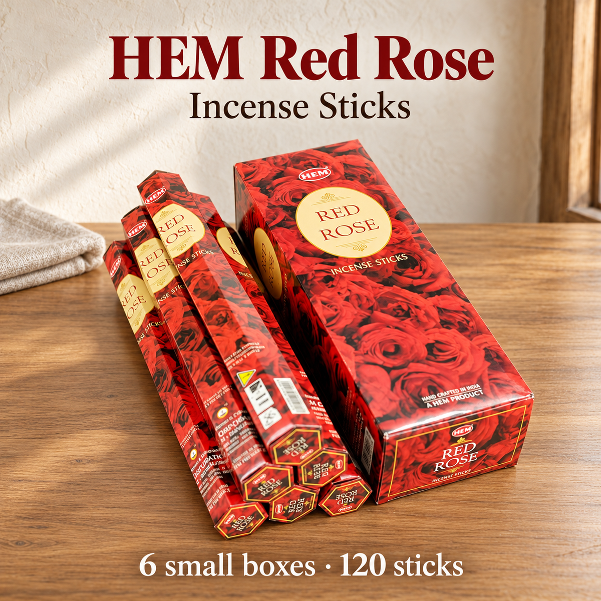 HEM Red Rose incense sticks, one carton with six small boxes and 120 sticks