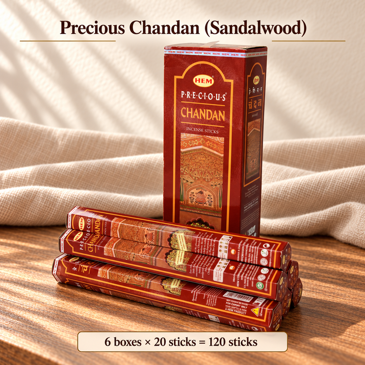 TB638749526507-28 | Precious Chandan (Sandalwood) | 6 boxes × 20 sticks = 120 sticks