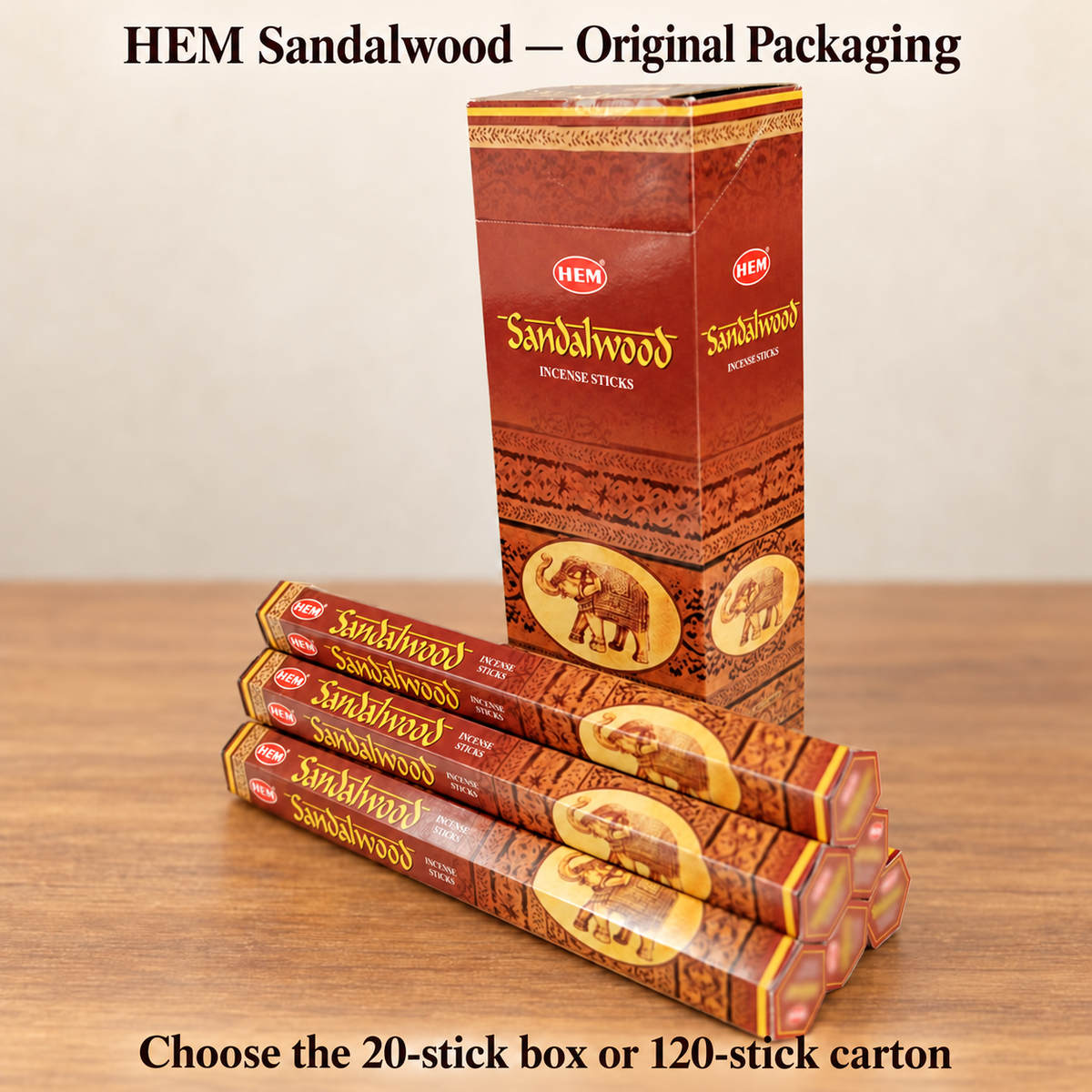 HEM Sandalwood brown gold carton and original20stick box