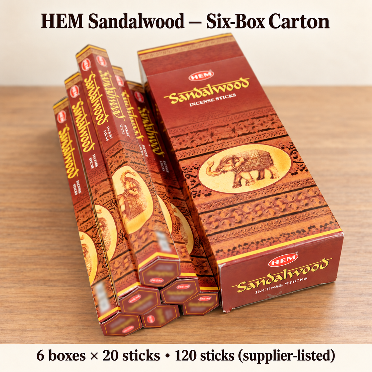 Sandalwood /6-Box Carton /120 Sticks brown/gold original HEM packaging