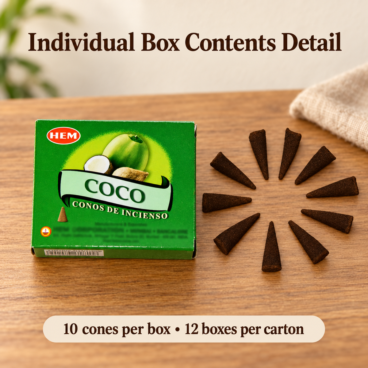 HEM Coconut Incense Cones — 12-Box Carton, 120 Regular Cones — cones