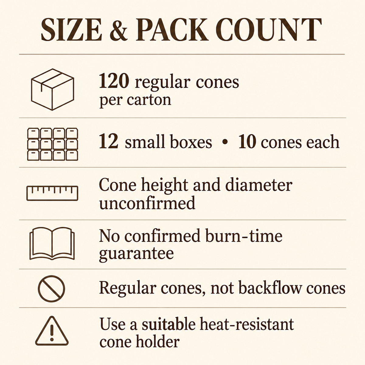 HEM Coconut Incense Cones — 12-Box Carton, 120 Regular Cones — size