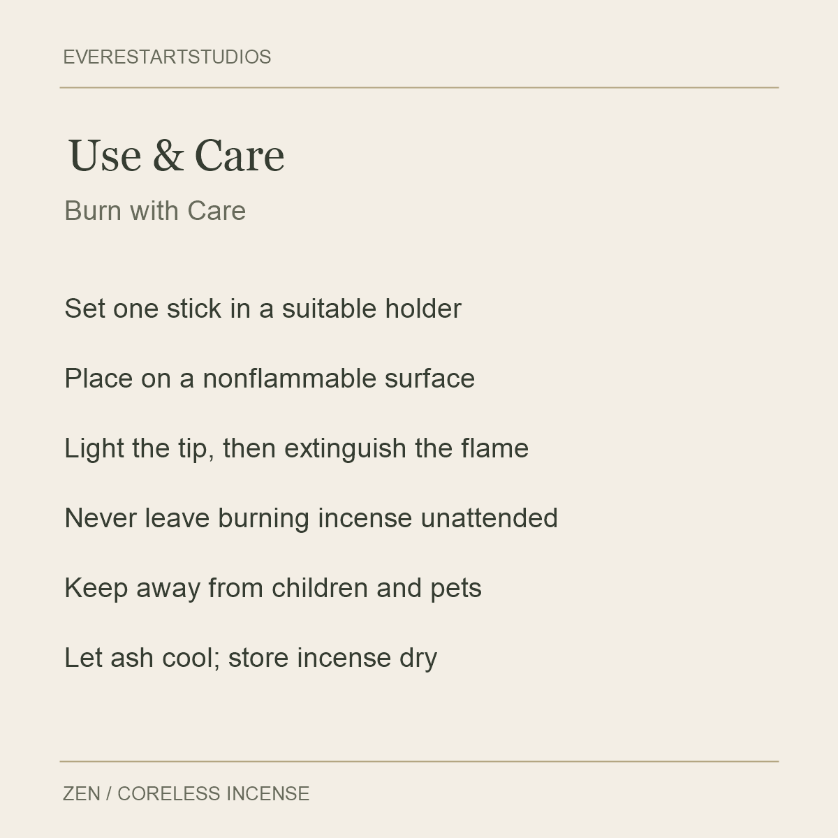 ZEN Short Coreless Incense — Use & Care