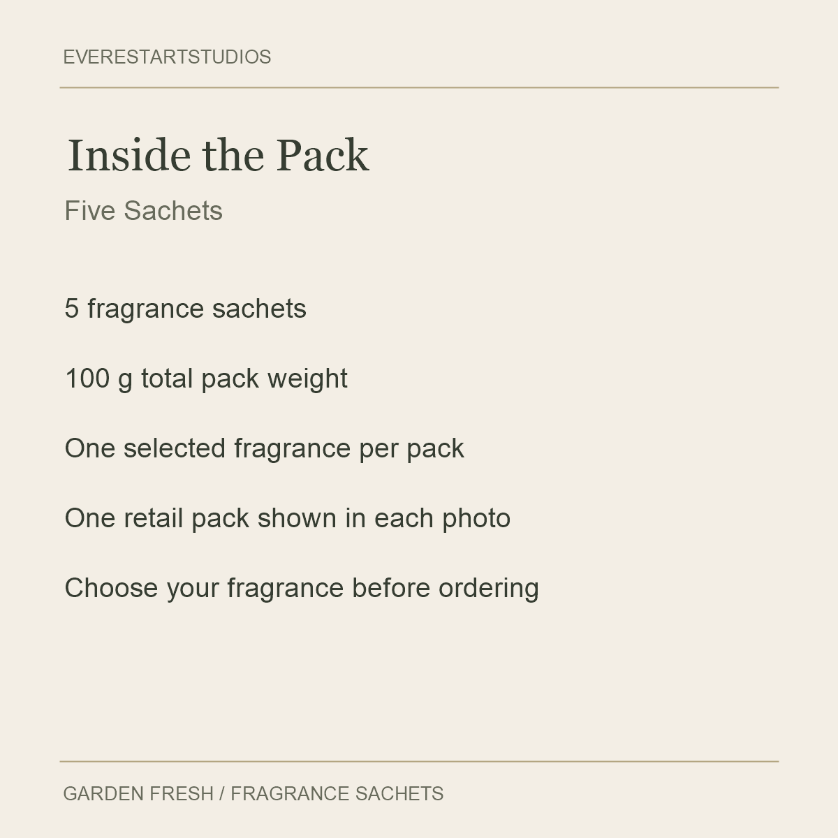 Garden Fresh fragrance sachets — one retail pack contains five sachets, 100 g total