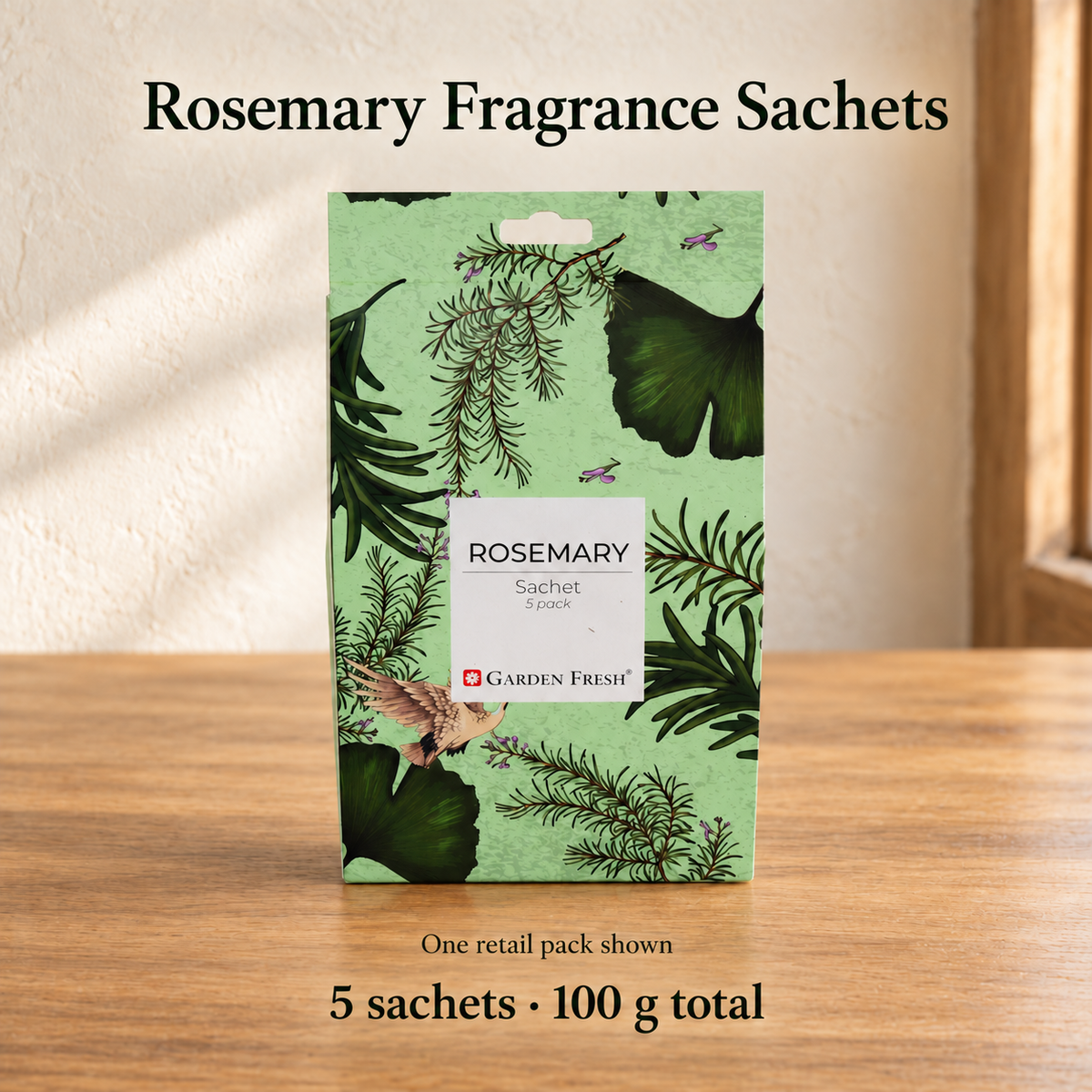 Garden Fresh Rosemary, one retail pack contains five fragrance sachets, 100 g total