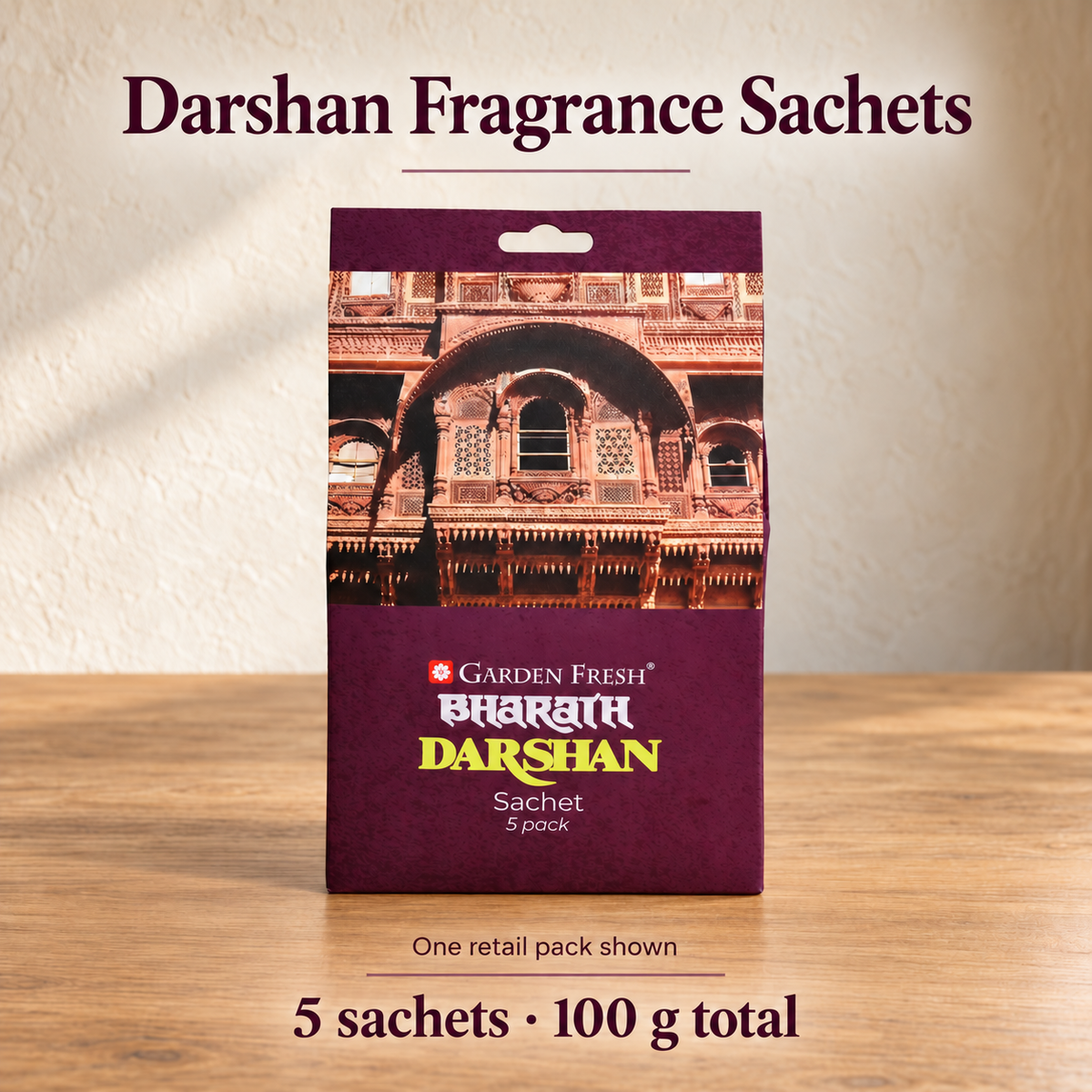 Garden Fresh Darshan, one retail pack contains five fragrance sachets, 100 g total