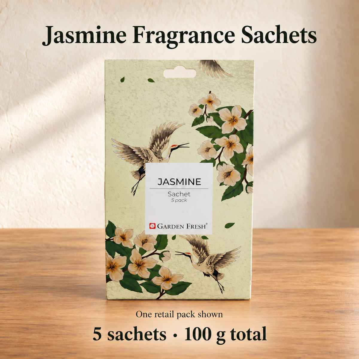 Garden Fresh Jasmine, one retail pack contains five fragrance sachets, 100 g total