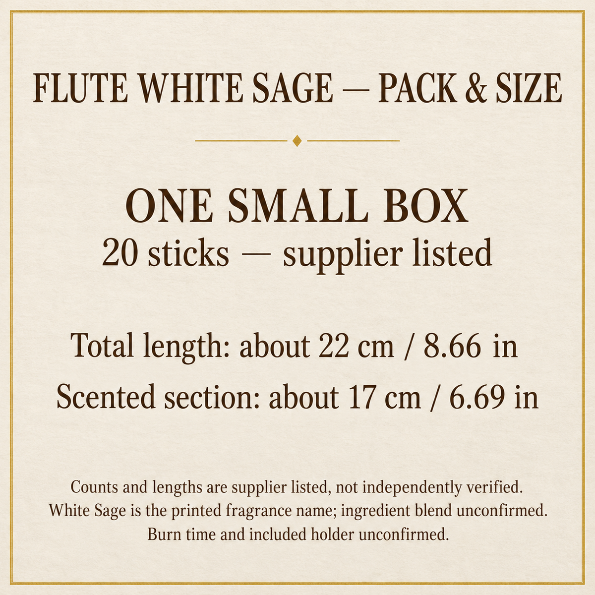 White Sage packaging and size guide