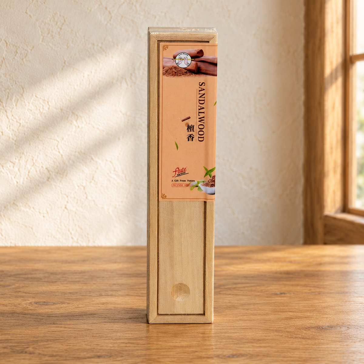 Flute Sandalwood incense in original wooden sliding-lid box