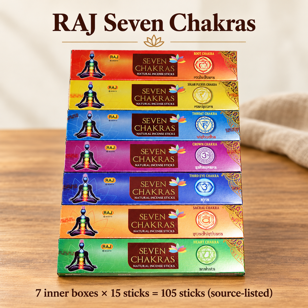 RAJ Seven Chakras Incense Set — Seven Boxes, 105 Sticks | variant-01