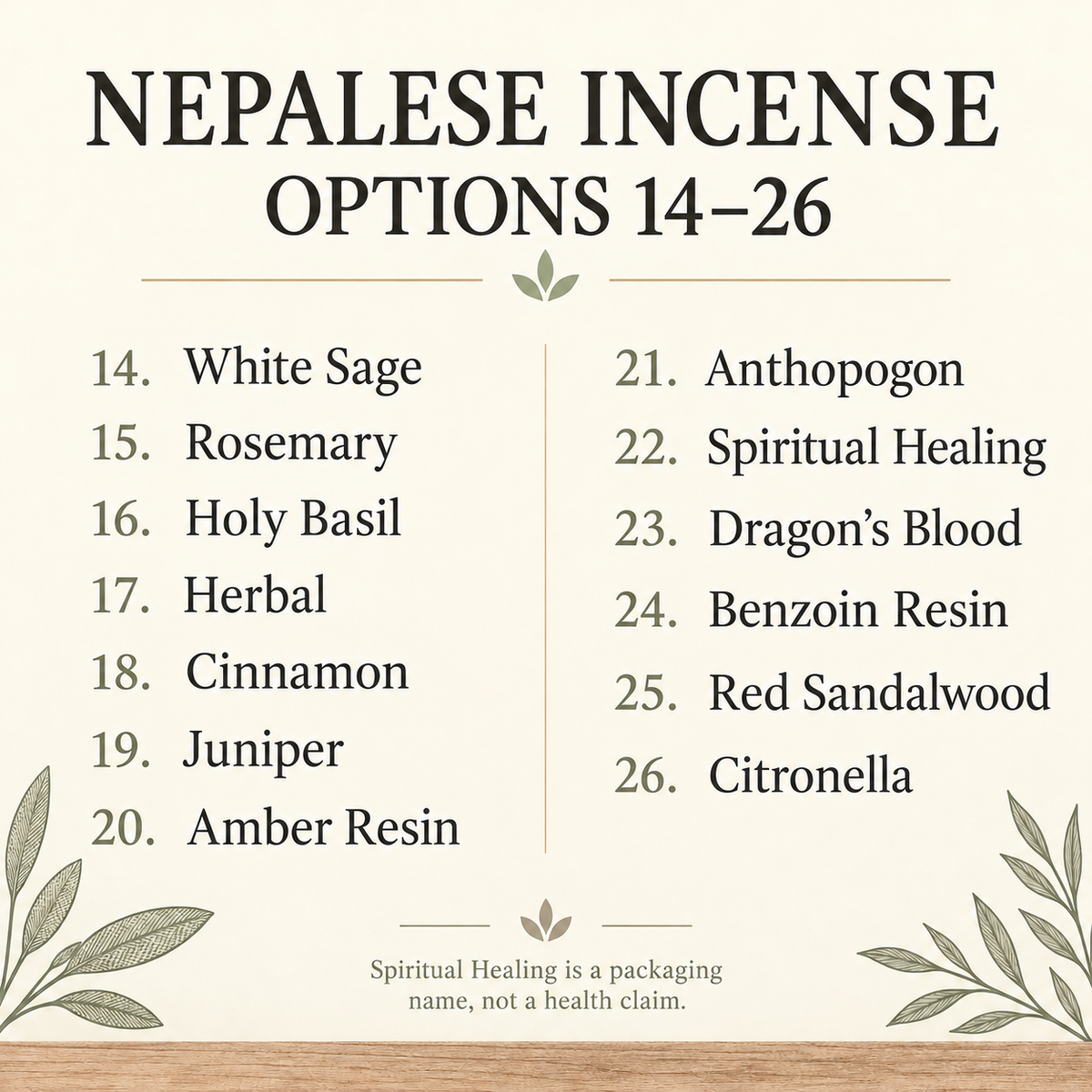 Nepalese incense options 14–26 — names from packaging, not health claims