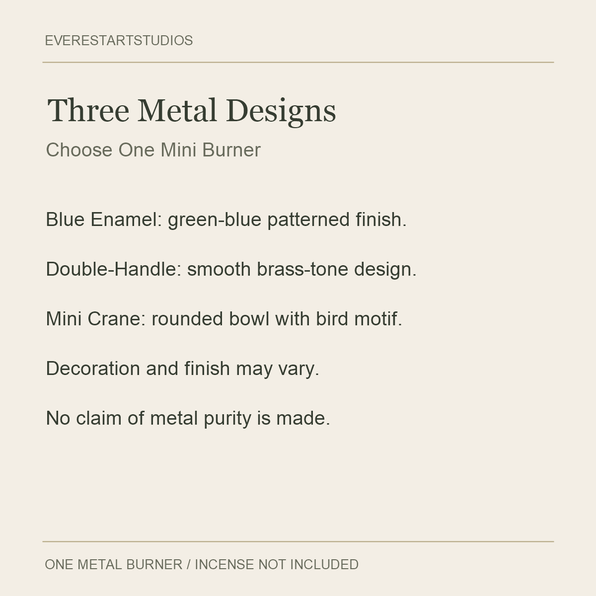 Mini Metal Incense Burners — Three Designs — material