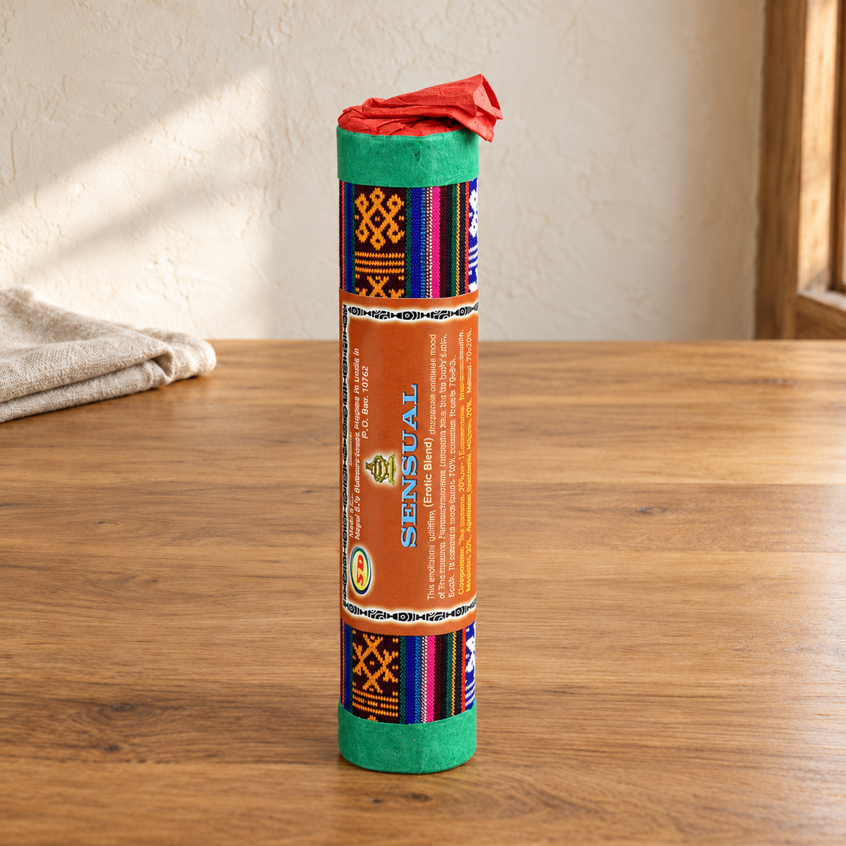Sensual incense in original decorative cloth-covered tube