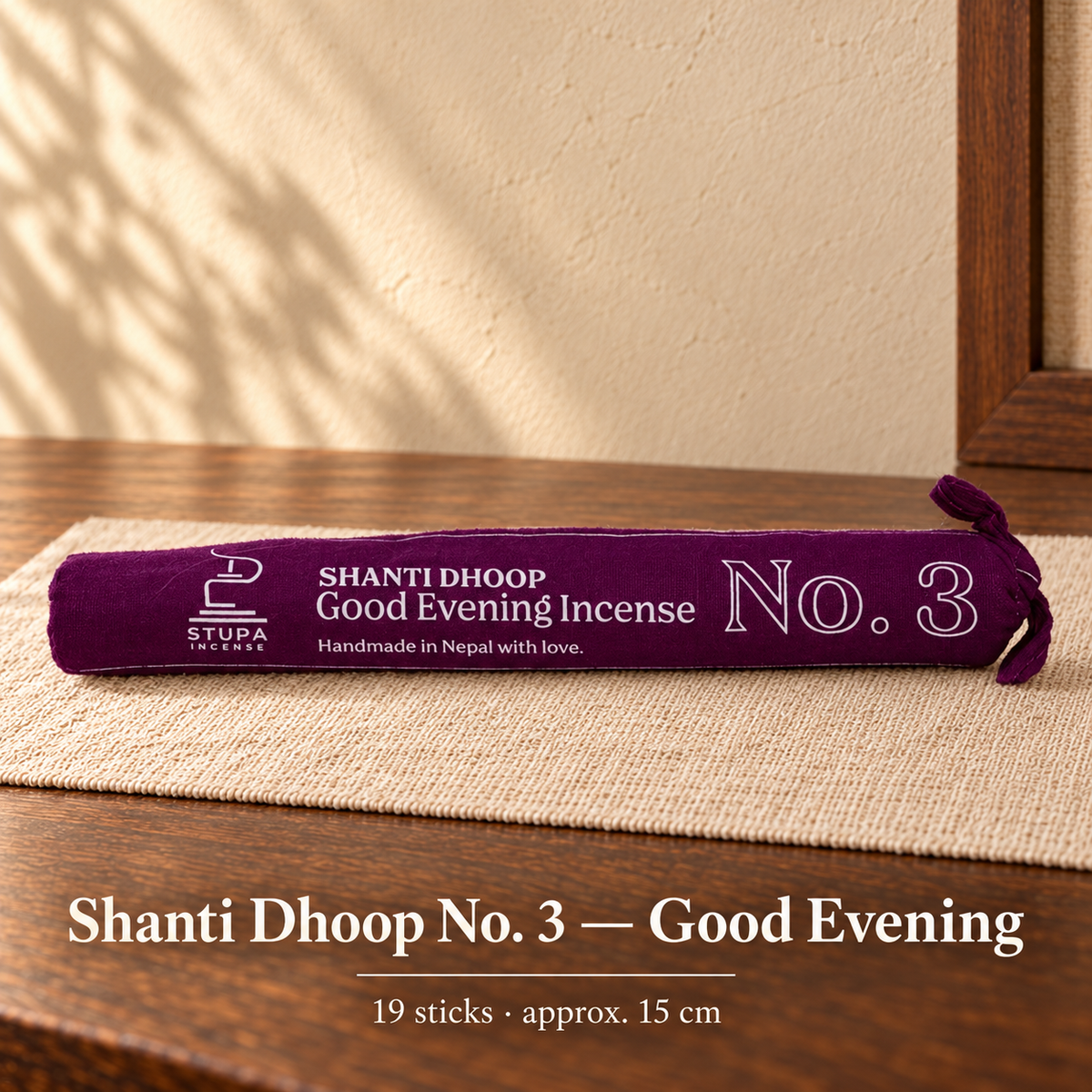 Shanti Dhoop No. 3 — Good Evening — cloth-wrapped incense bundle, 19 sticks