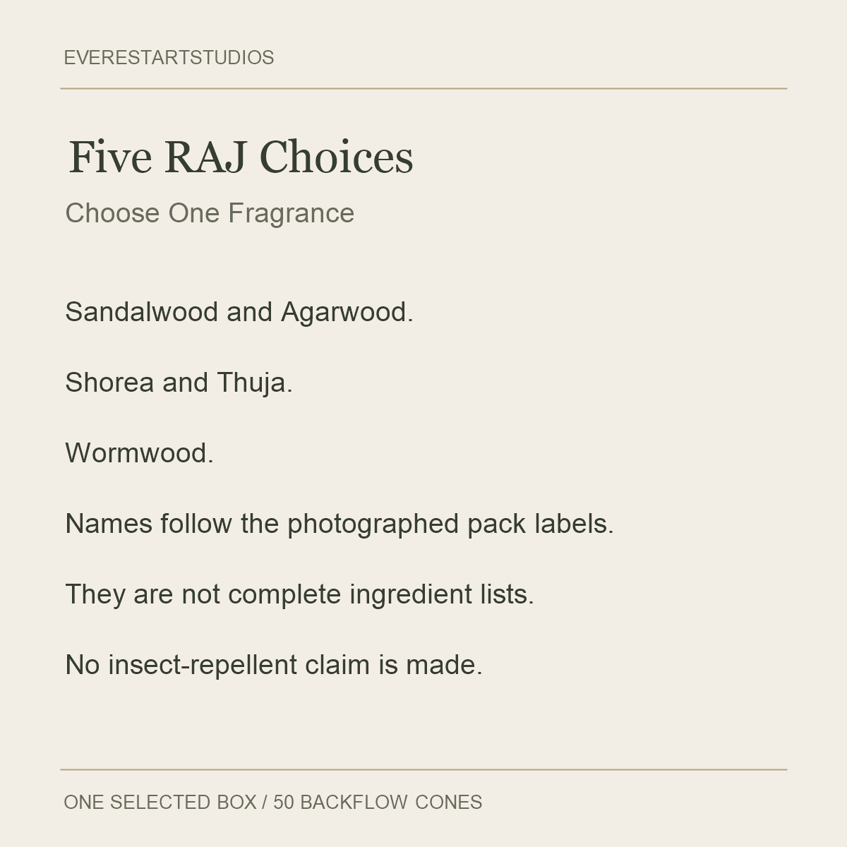 RAJ Backflow Incense Cones — Five Fragrances — fragrance