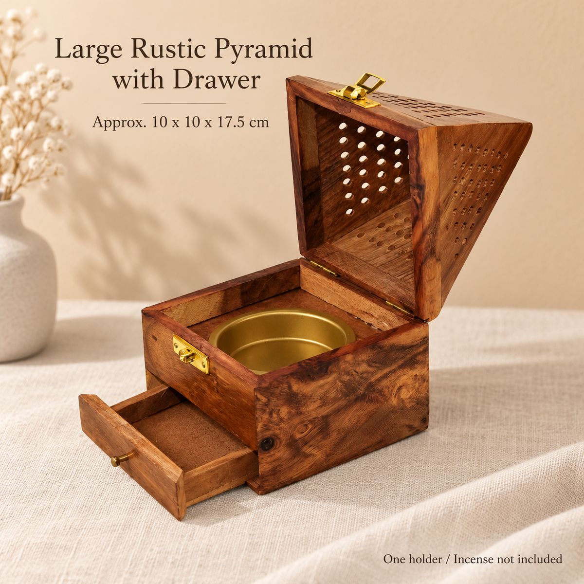 Large Rustic Pyramid with Drawer — Approx. 10 x 10 x 17.5 cm