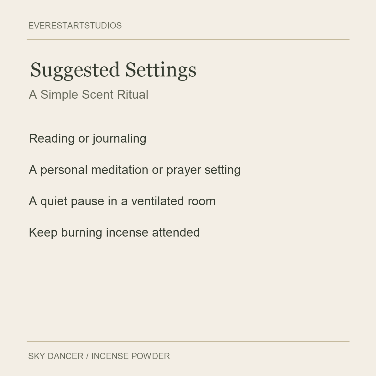 Sky Dancer Incense Powder — Suggested Settings