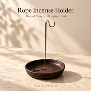 Rope incense holder only: dark-brown round tray and gold-tone hanging hook