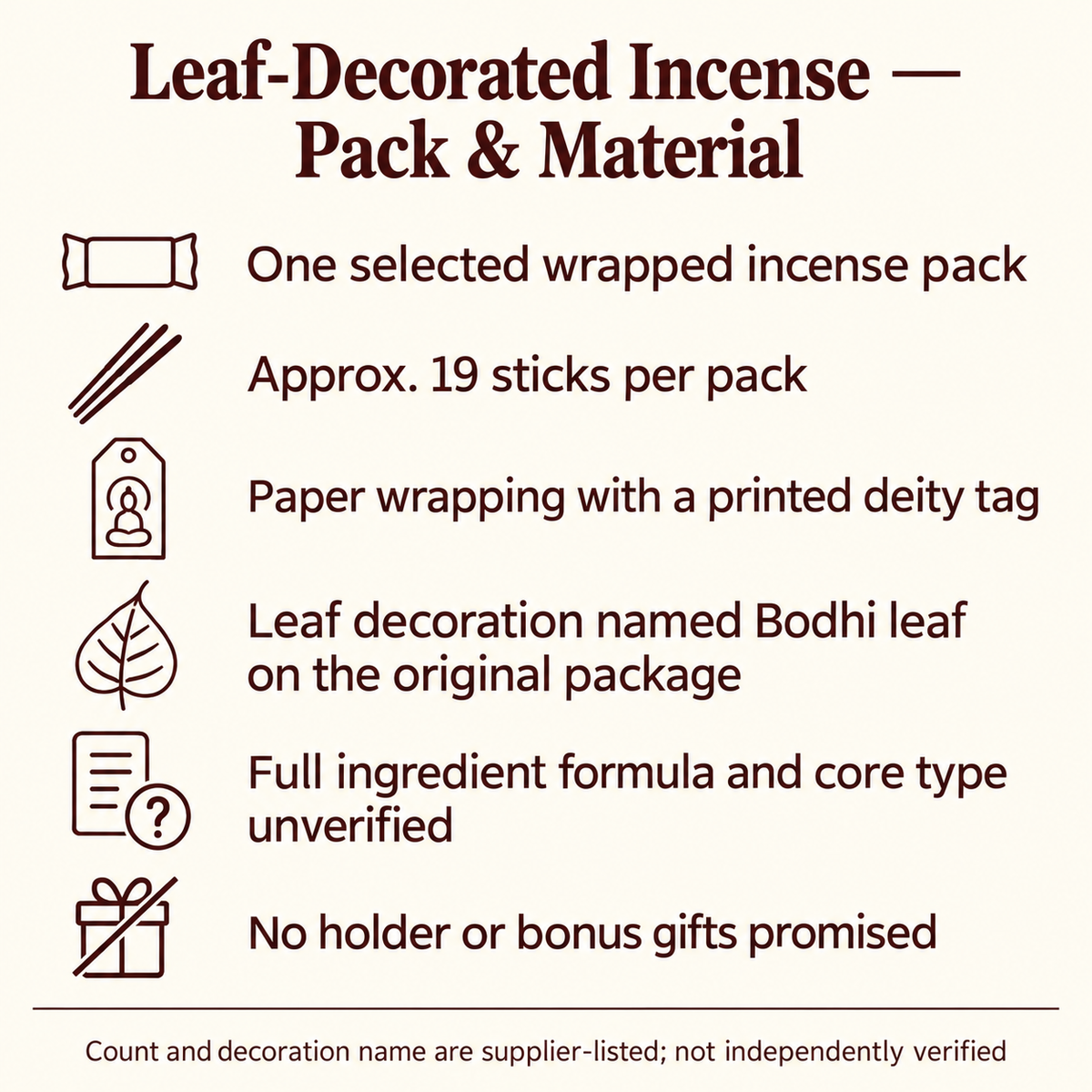 Leaf-decorated deity incense pack and material guide