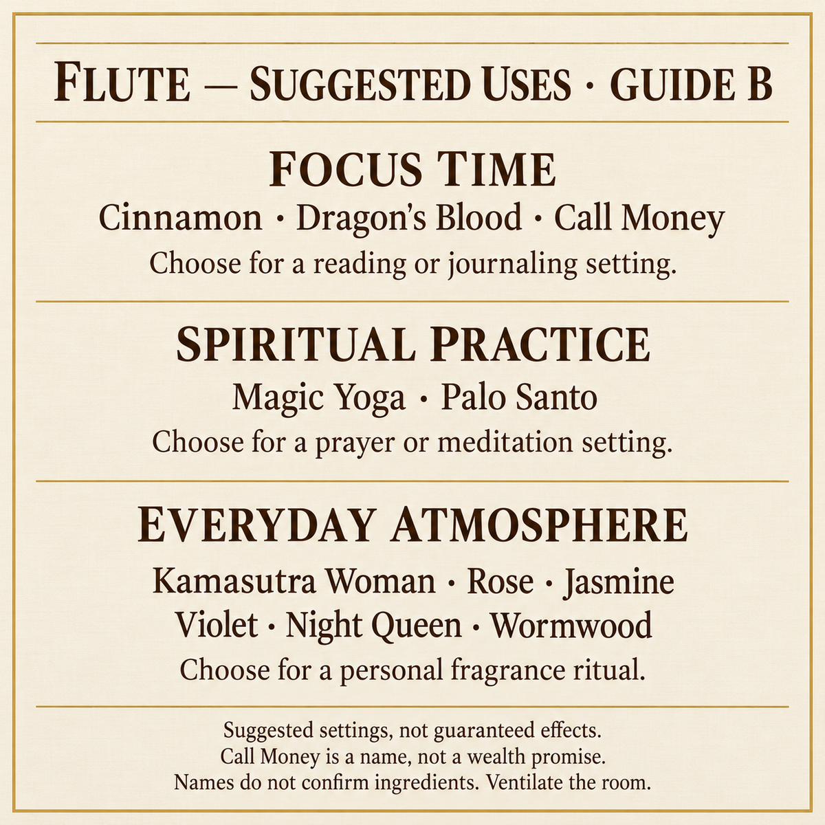 Flute suggested uses — fragrance guide B