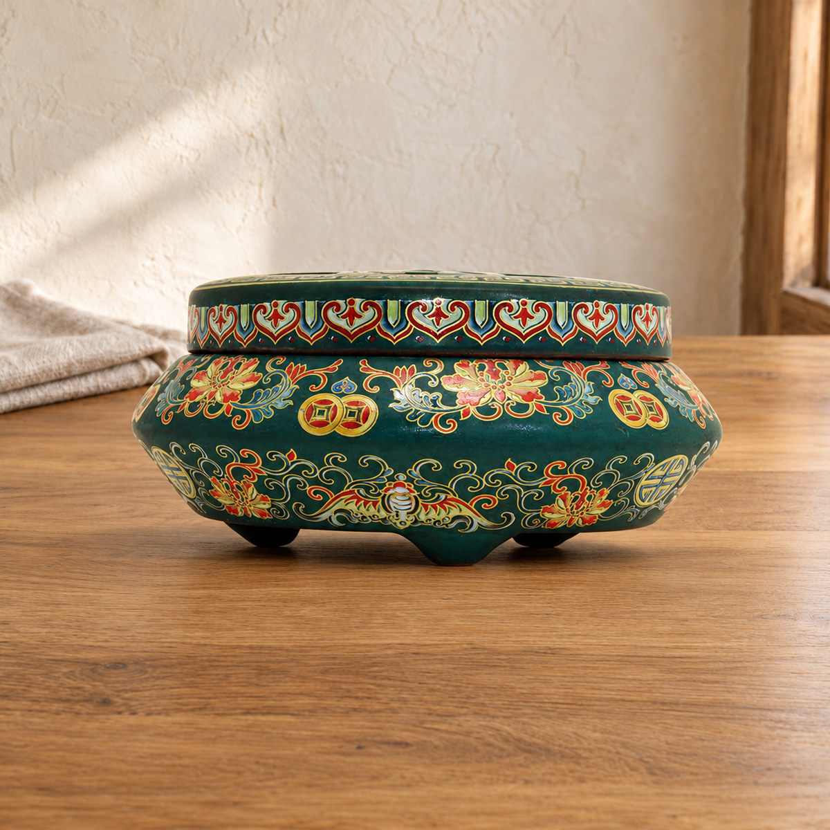 Decorative ceramic incense burner — Flat Lid / Green