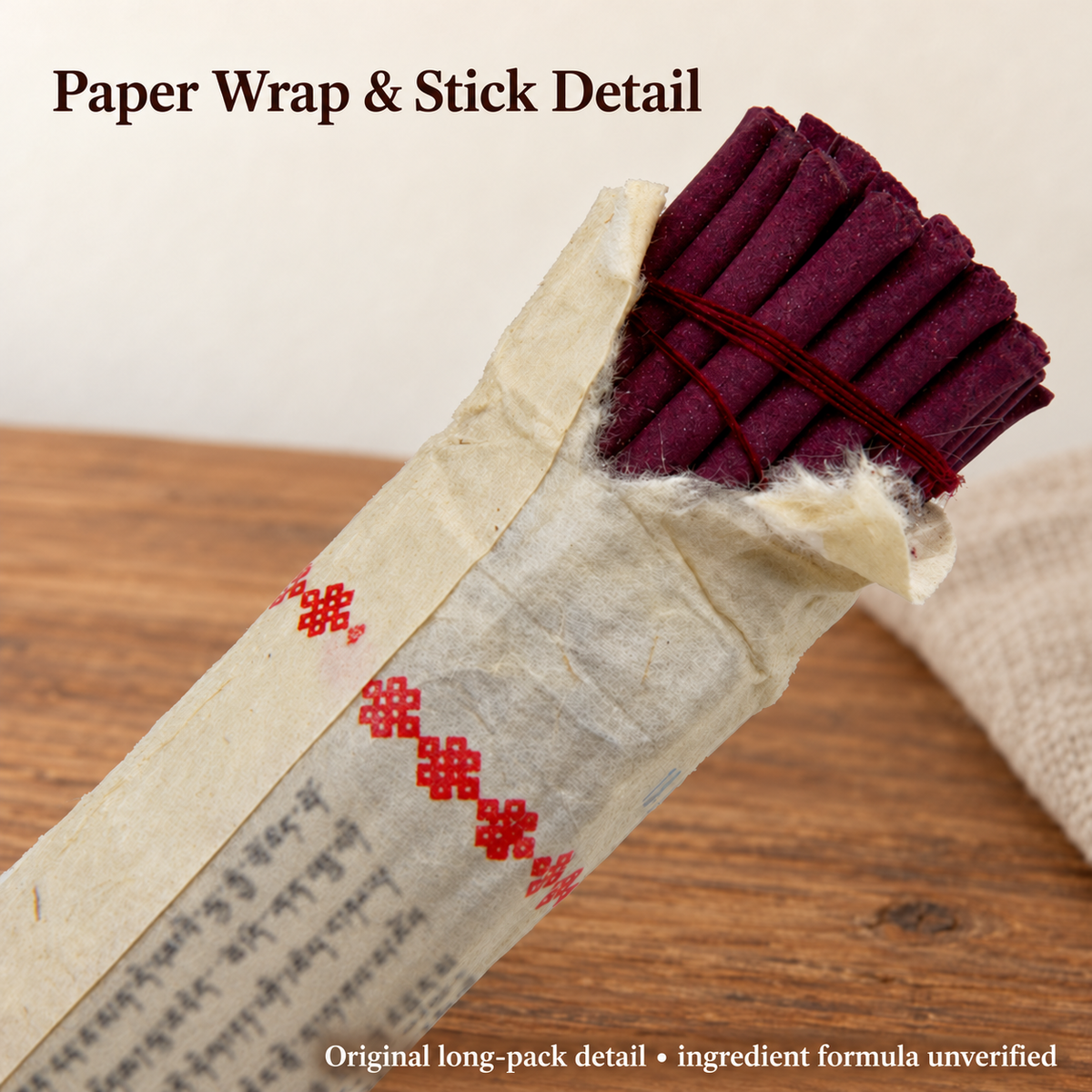 Original opened long incense paper wrapper and maroon stick ends