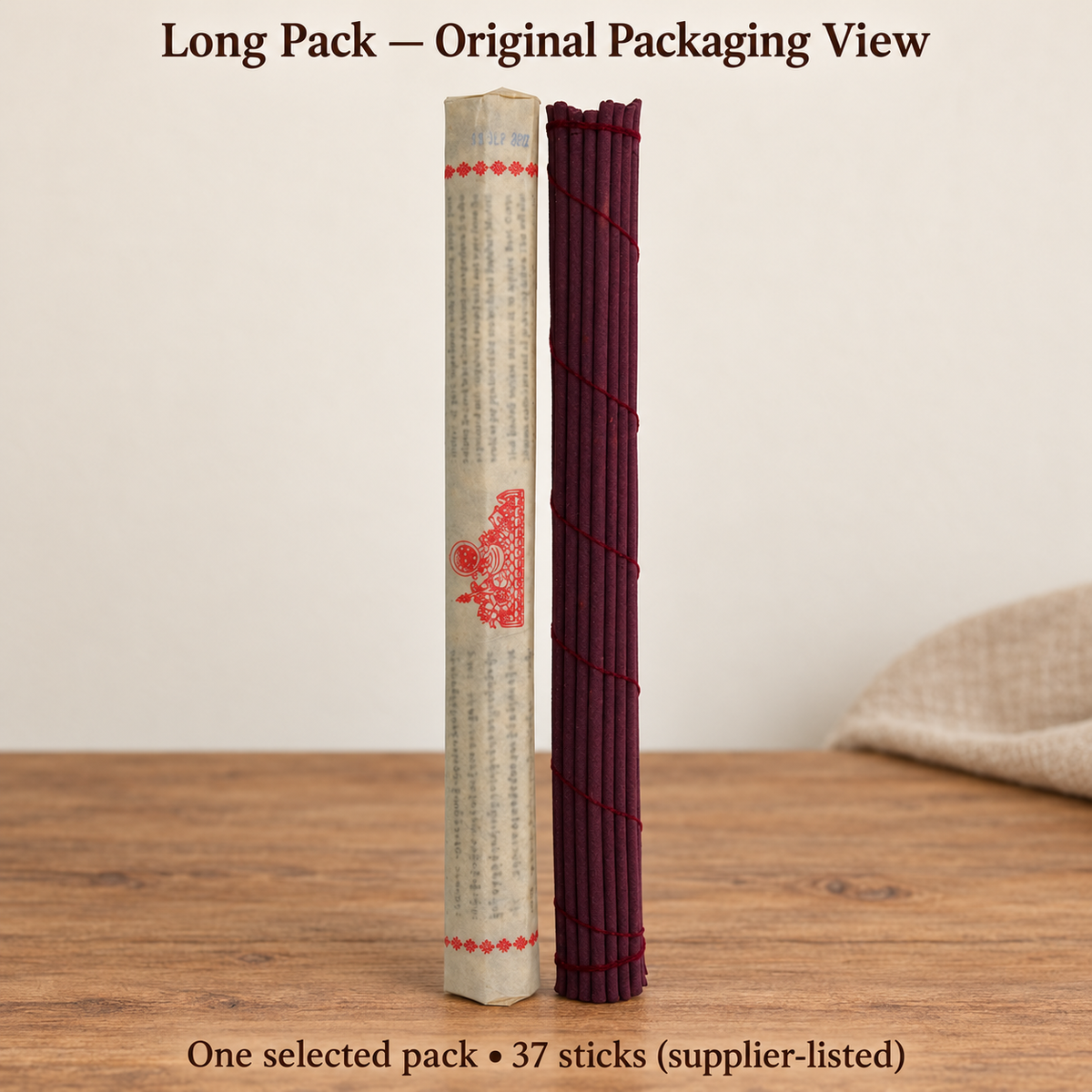 Original long cream wrapper and maroon incense bundle