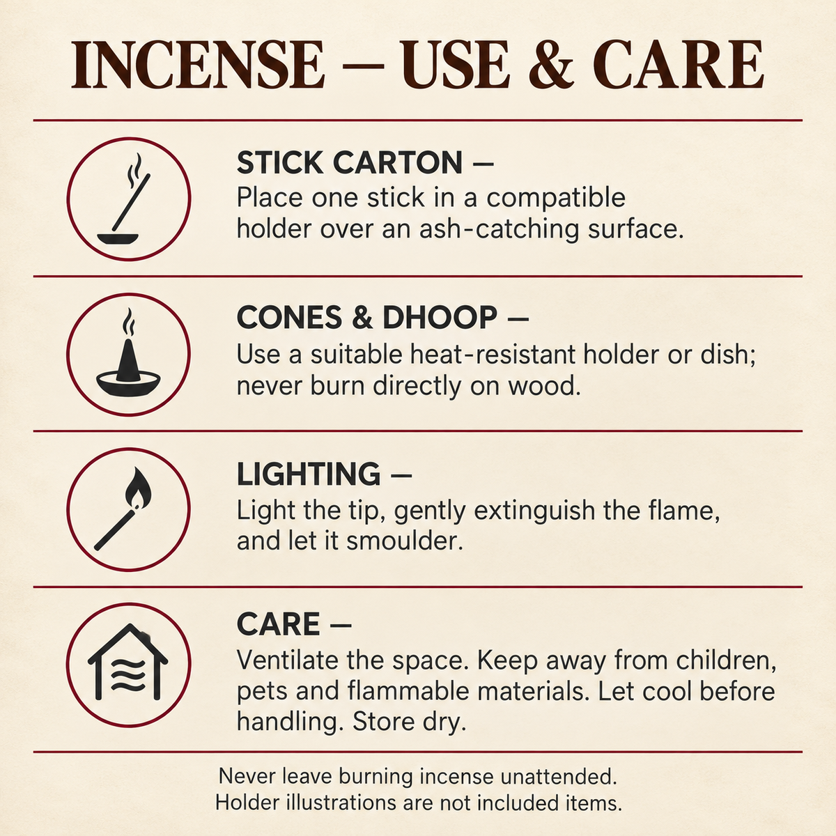 Incense sticks, cones and dhoop use and care