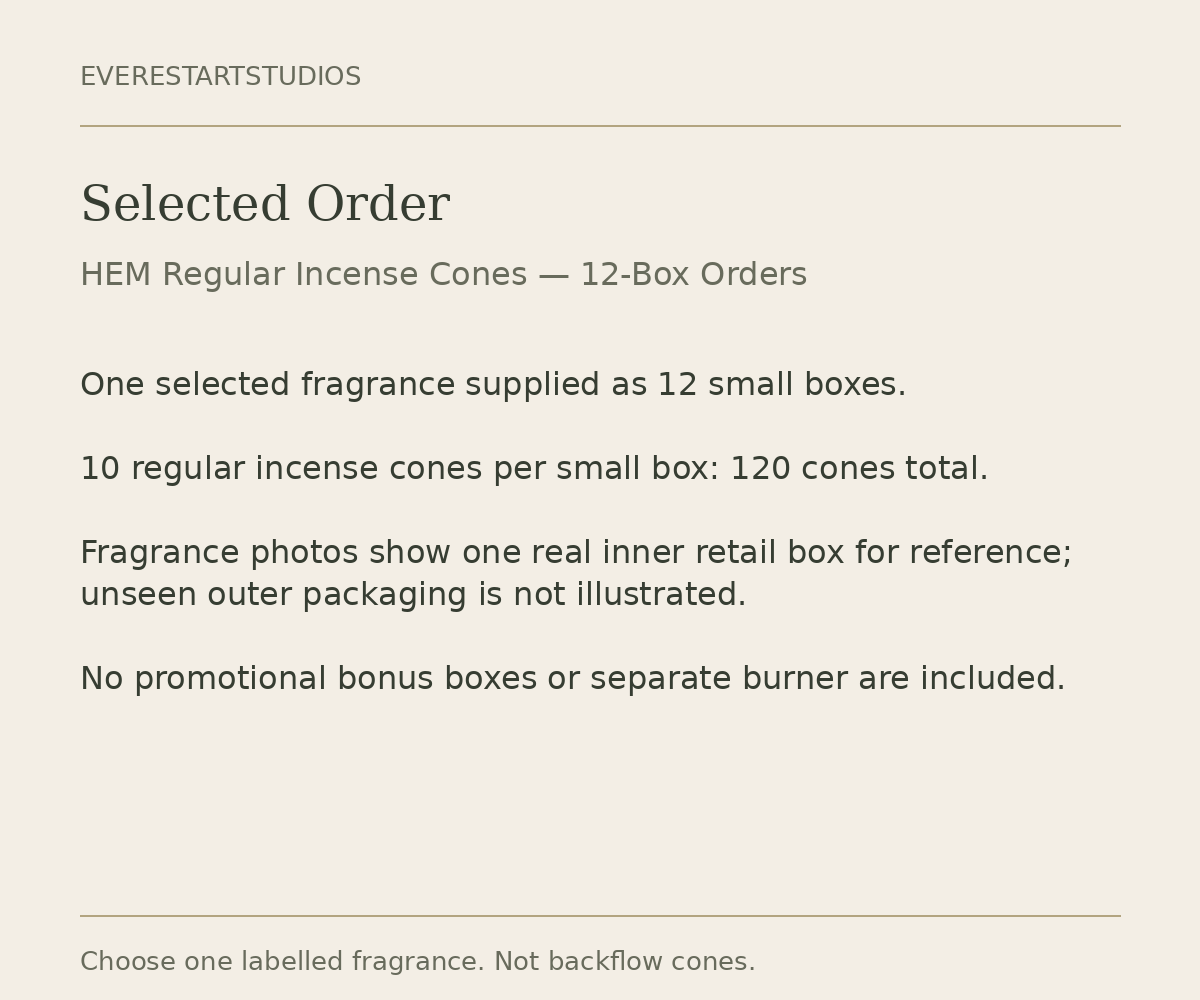 HEM regular incense cone 12-box120-cone order packaging information