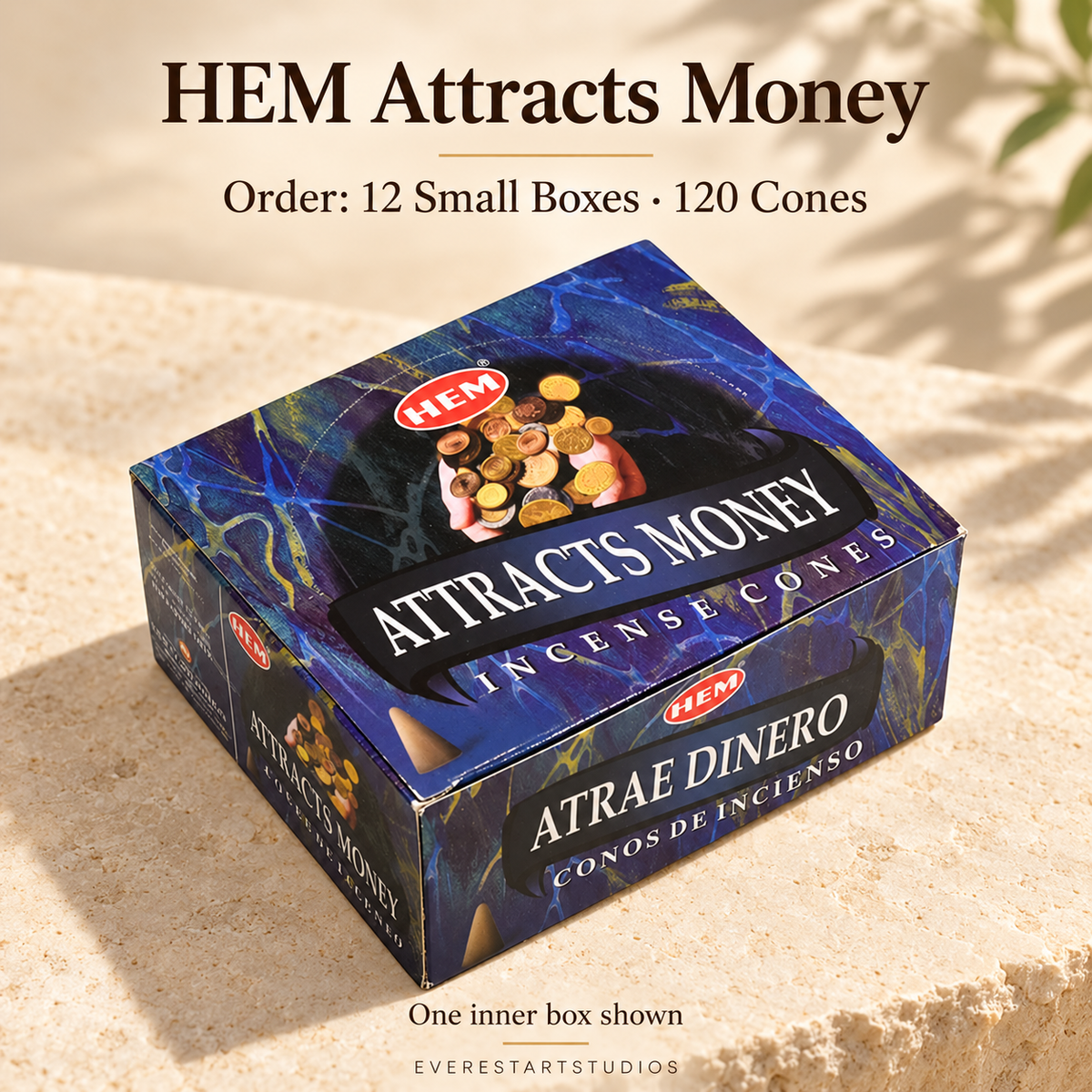 HEM Attracts Money, selected order12smallboxes120regularcones; one inner box shown
