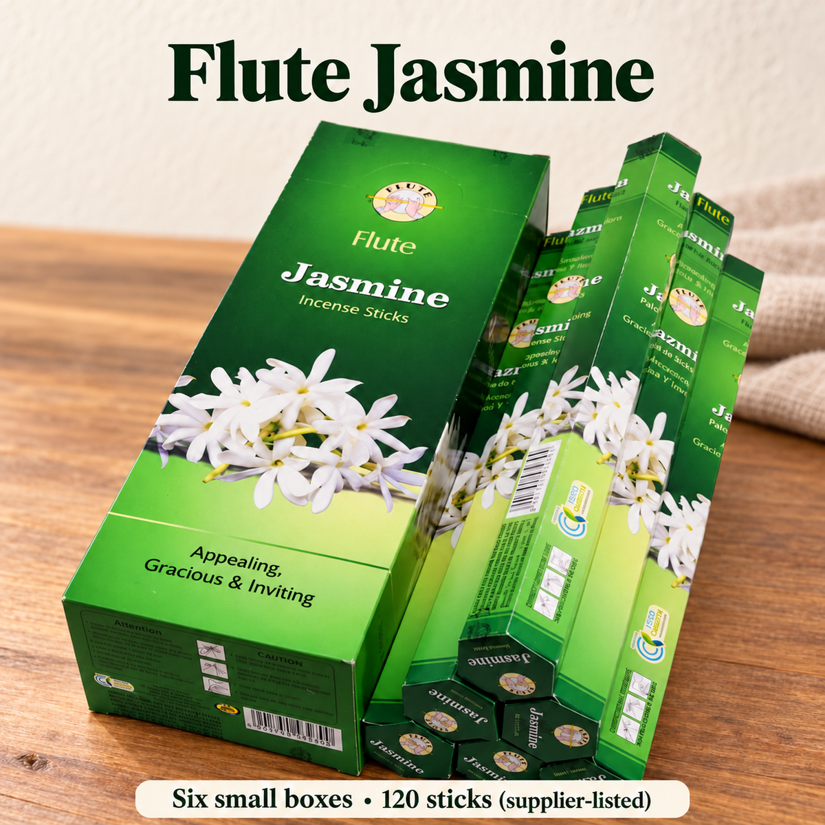 Flute Jasmine — six-box carton, 120 sticks