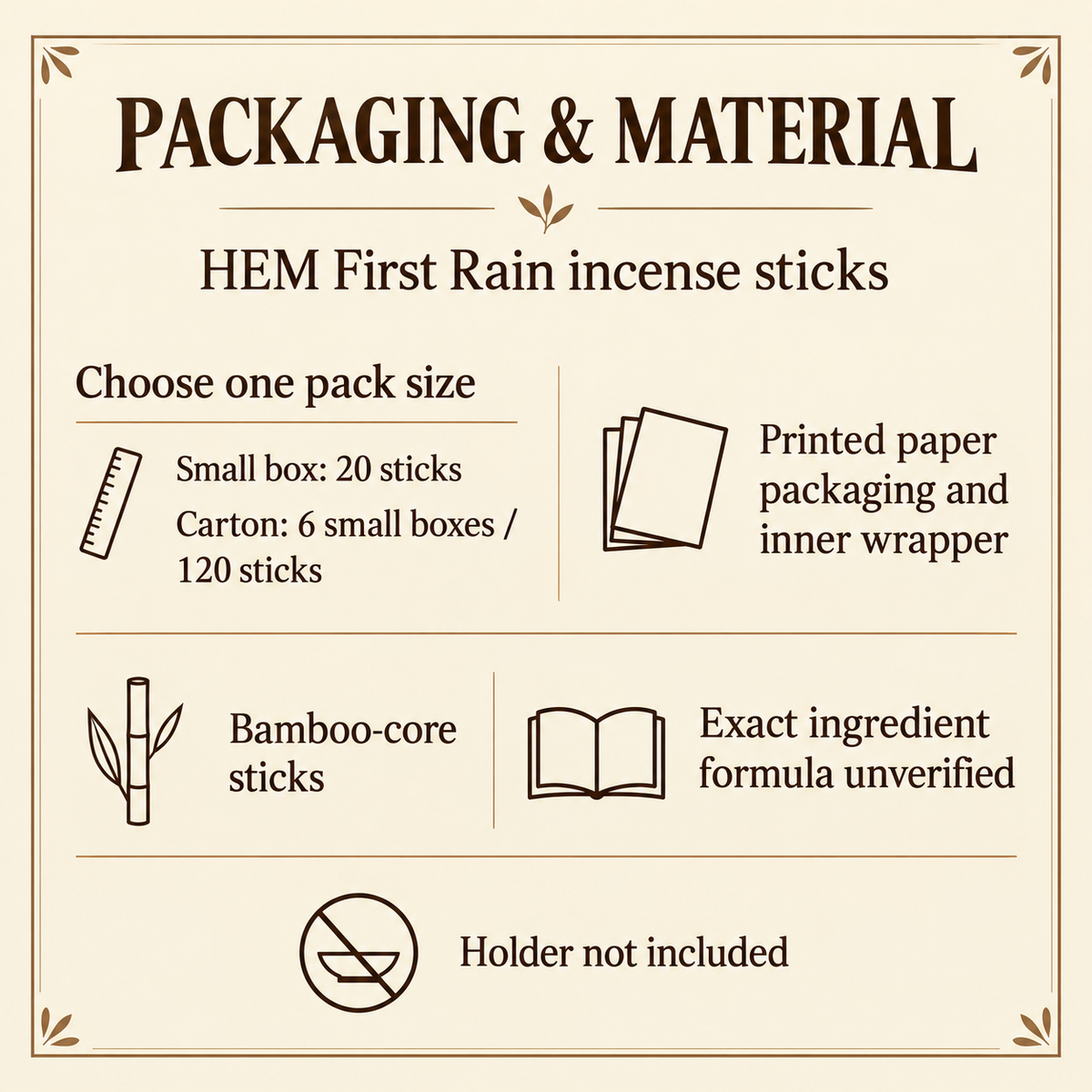 HEM First Rain Incense Sticks — Small Box or 120-Stick Carton — pack