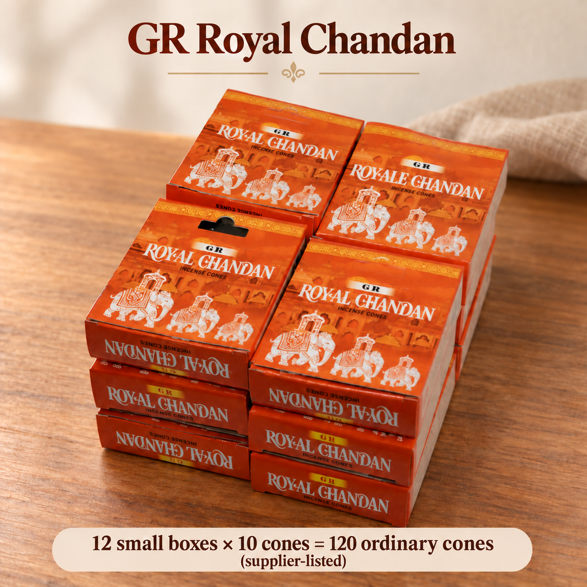 GR Royal Chandan Cone Incense — 12-Box Carton, 120 Ordinary Cones | variant-02