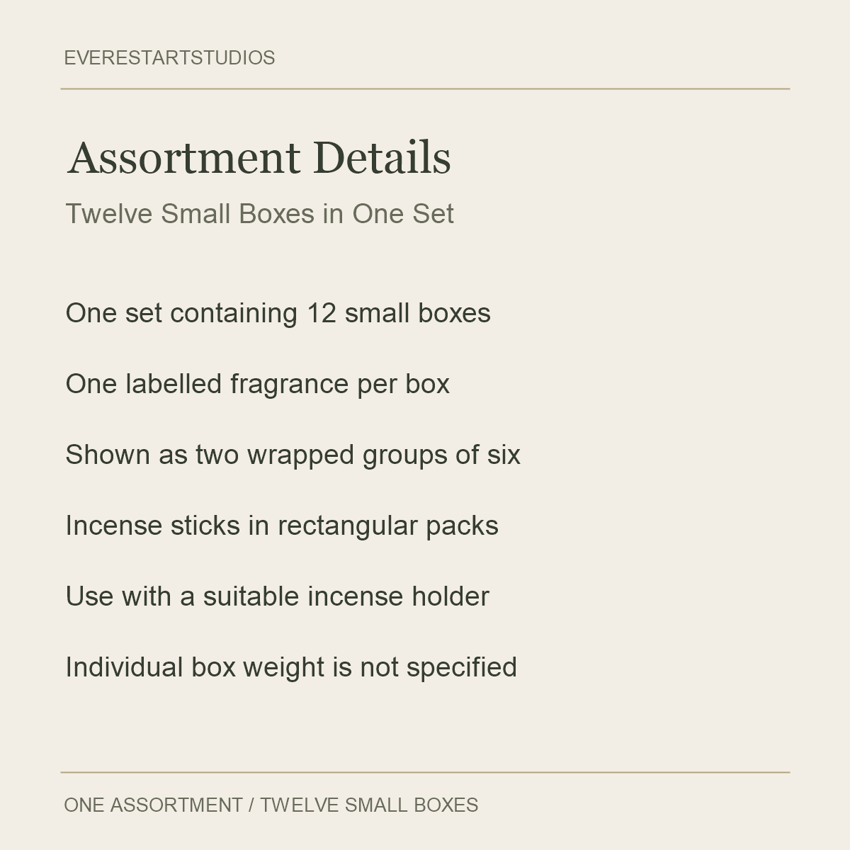 Satya Twelve-Fragrance Incense Assortment — Assortment Details