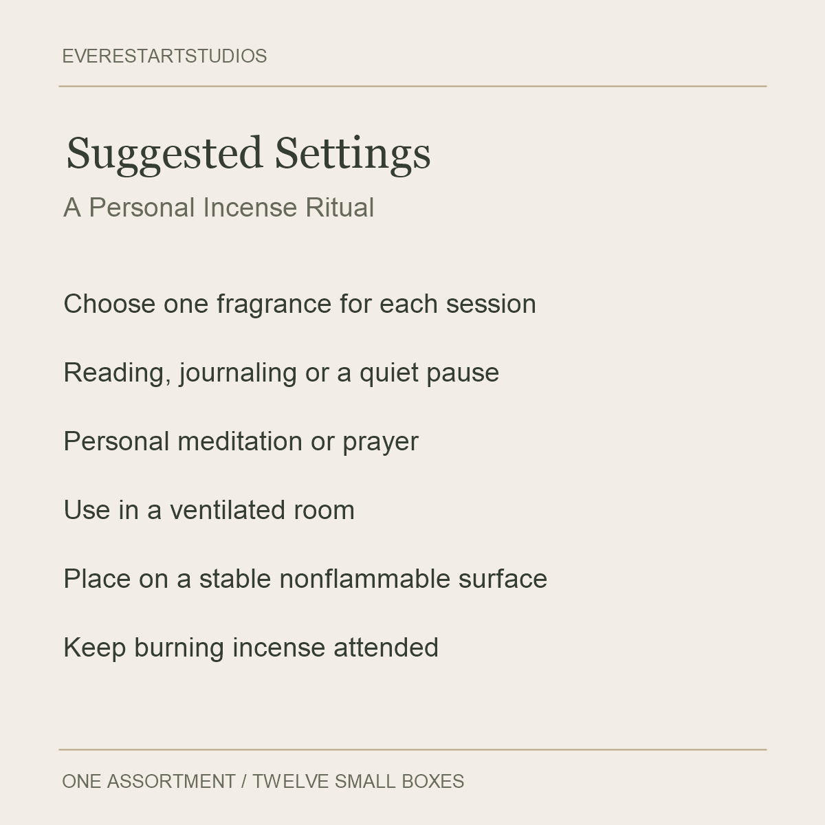 Satya Twelve-Fragrance Incense Assortment — Suggested Settings