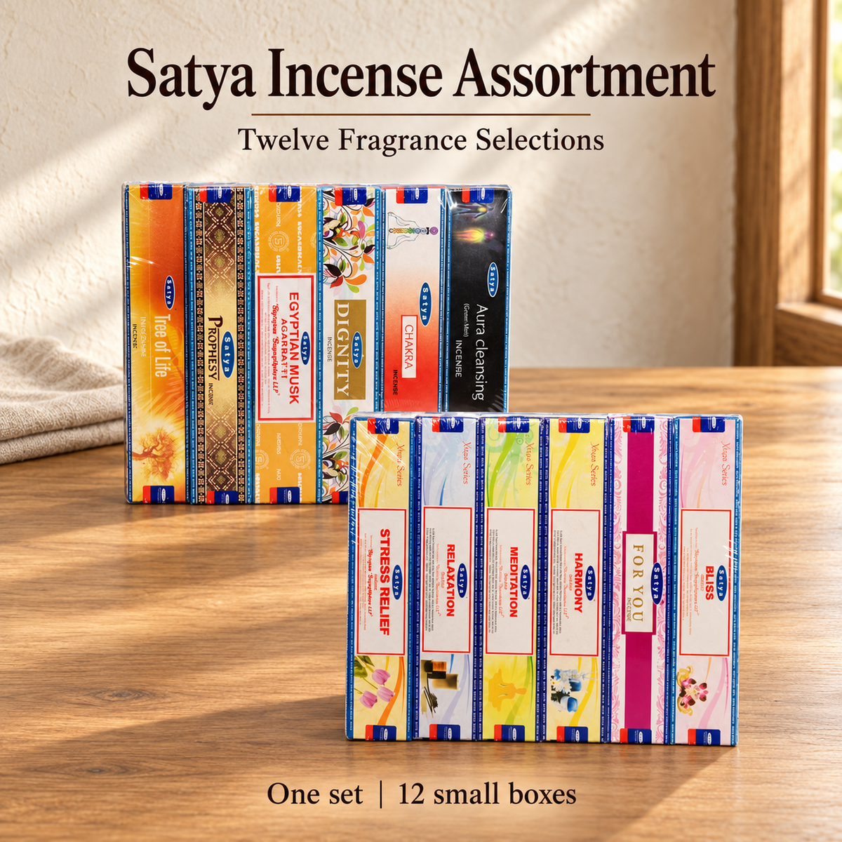 Satya Twelve-Fragrance Incense Assortment — 12 small boxes
