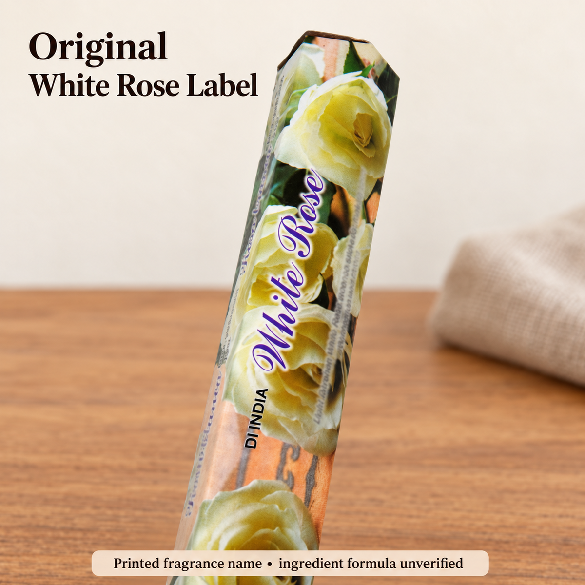 Original DI India White Rose fragrance label detail
