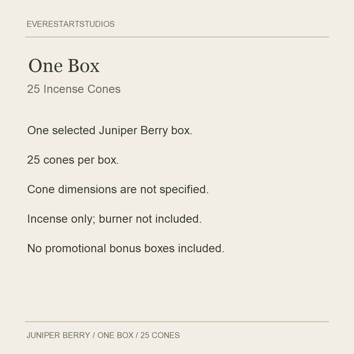 One box of 25 Juniper Berry incense cones; burner not included