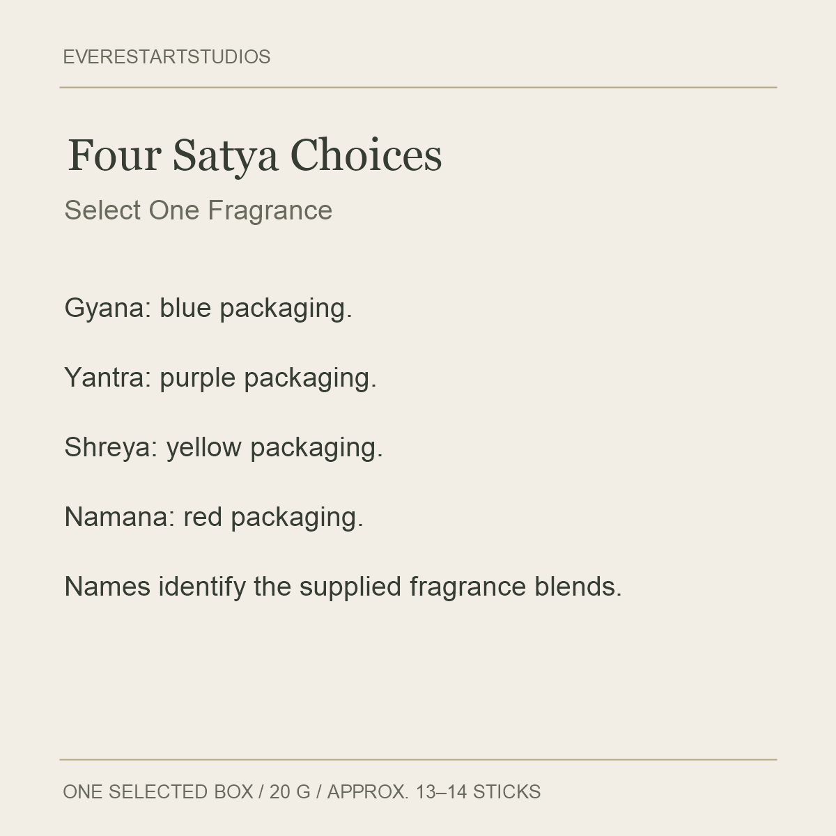 Satya Incense Sticks — Gyana, Yantra, Shreya & Namana — fragrance