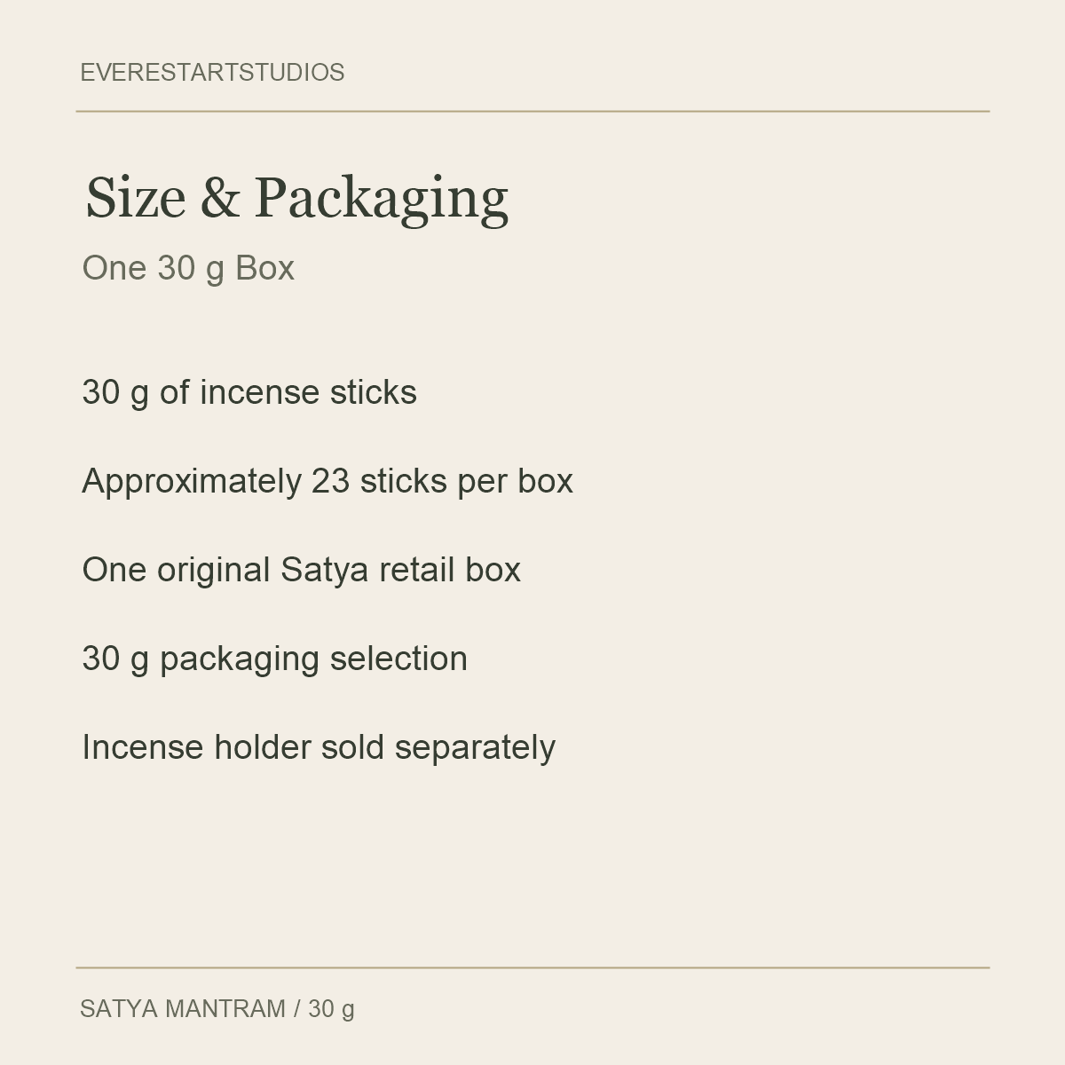 Satya Mantram Incense Sticks — Size & Packaging