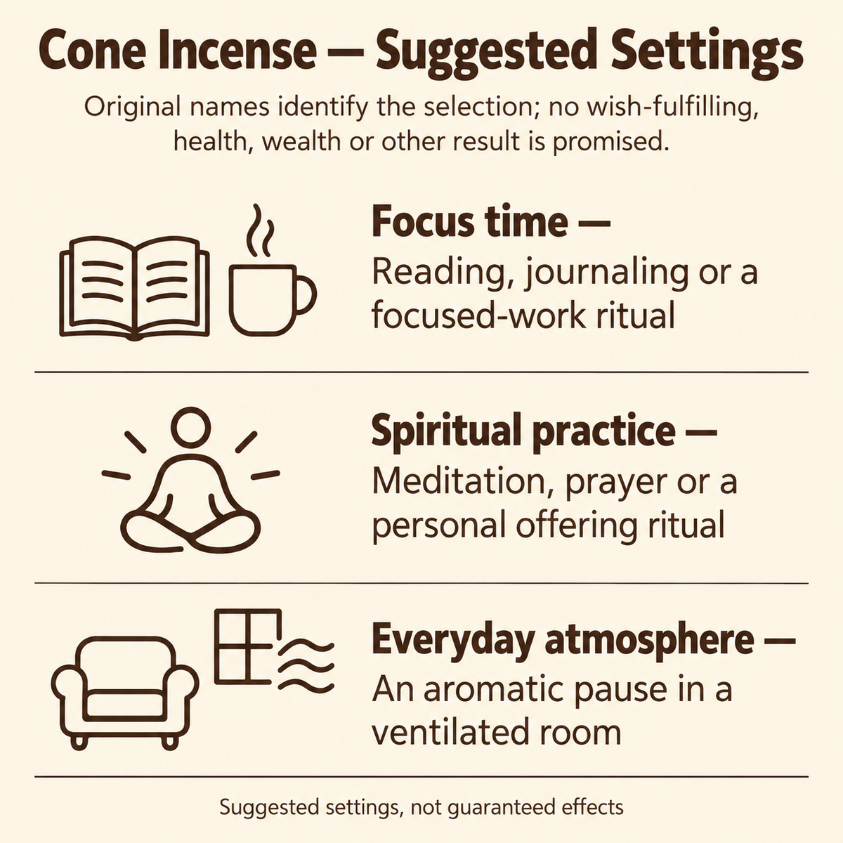 Cone incense focus, spiritual practice and everyday suggested settings