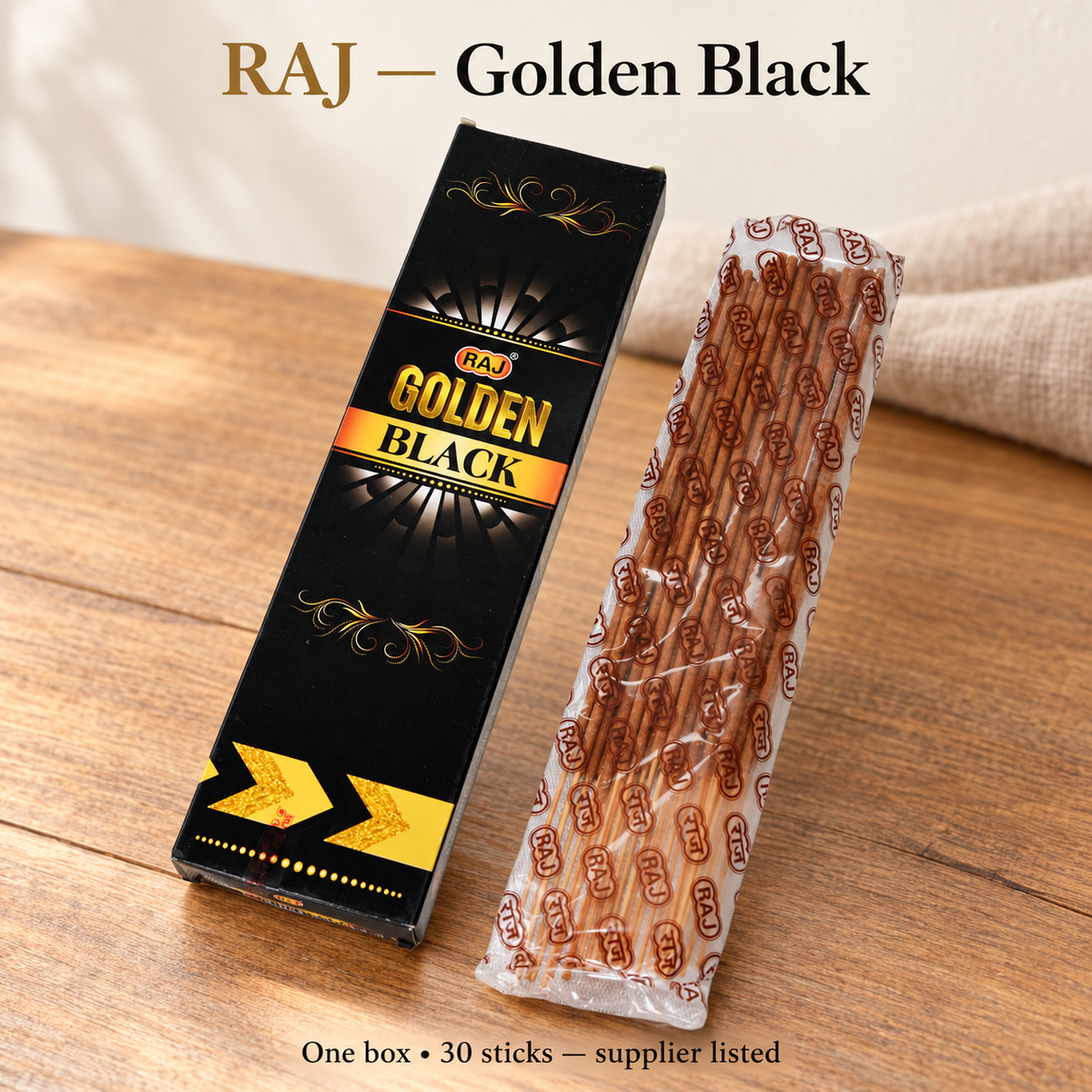RAJ Golden Black original box and matching inner bag, 30 sticks