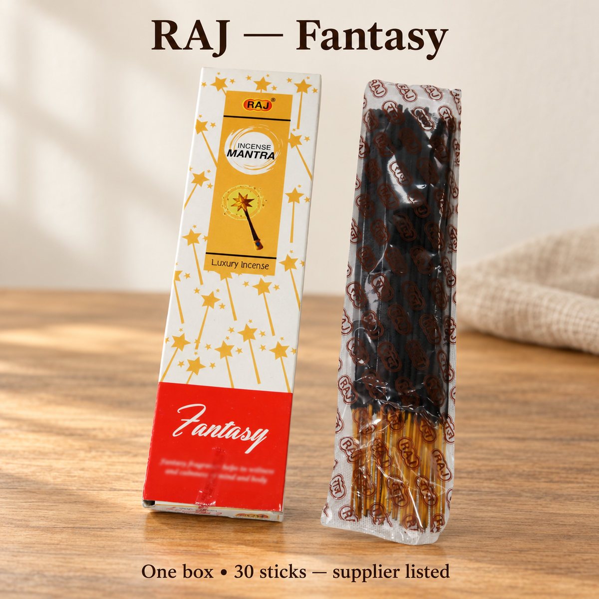 RAJ Fantasy original box and matching inner bag, 30 sticks