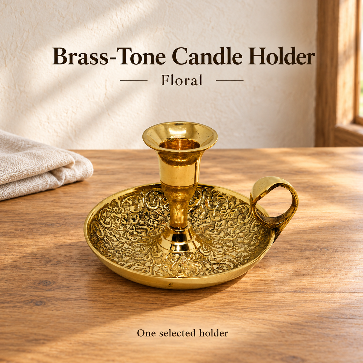 Brass-Tone Candle Holder — Floral