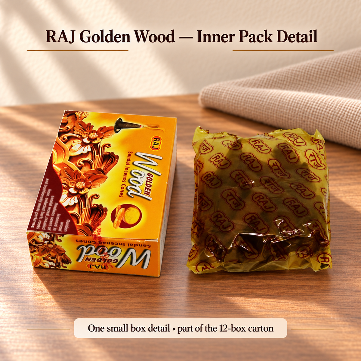 TB7712077800 | RAJ Golden Wood — Inner Pack Detail | One small box detail • part of the 12-box carton