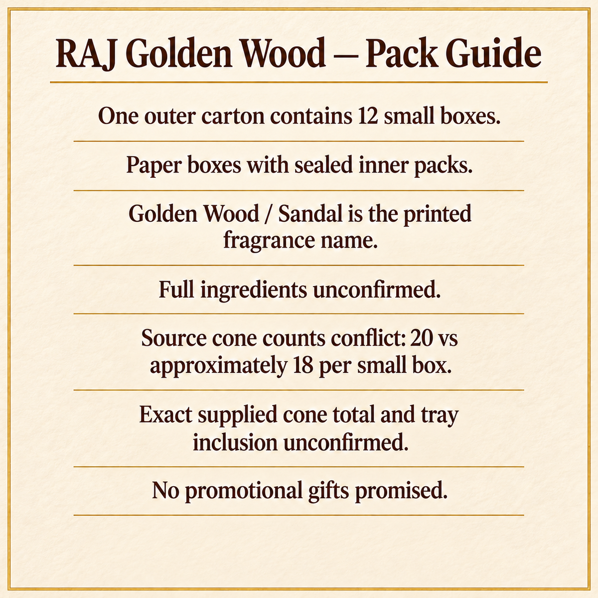 TB7712077800 | RAJ Golden Wood — Pack Guide | 